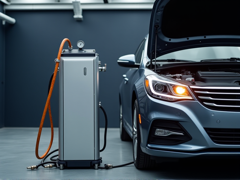 Urządzenie do serwisu klimatyzacji samochodowej podłączone do pojazdu w warsztacie